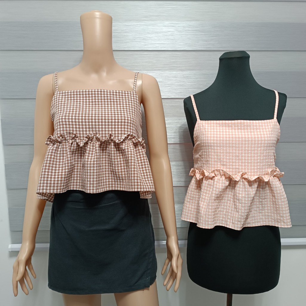 Sanina Womens #3989 Peplum Checkered Plaid Strap Tops Back Strap (Large ...