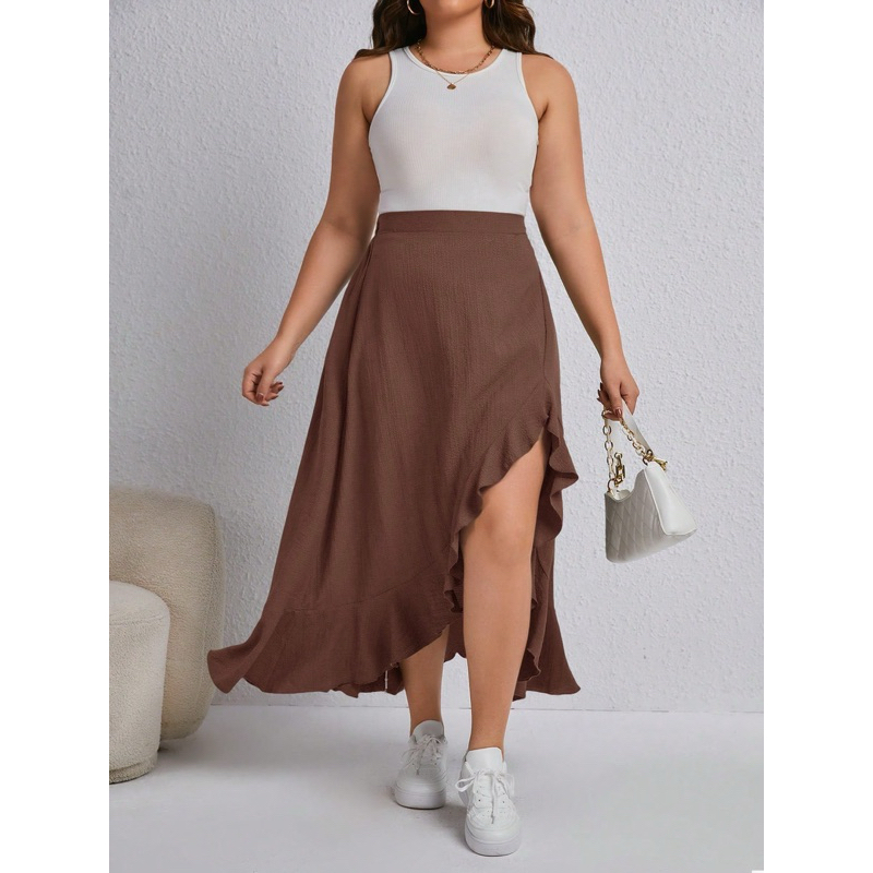 Awesome PLUS SIZE Ruffle Trim Split Thigh Asymmetrical Skirt Fit TO XL ...