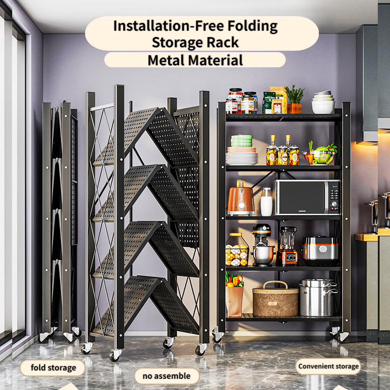Kitchen Storage Organizer Rack Sturdy Metal Foldable Shelf With Wheels ...