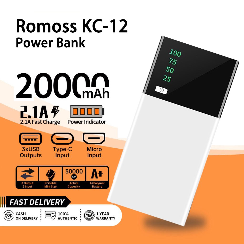 KC12 powerbank Romoss 20000Mah 2USB with LED Digital Display with