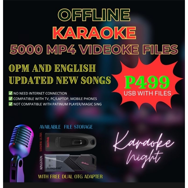 VIDEOKE/KARAOKE,,,offline karaoke 5000 songs in 64gb usb + free otg