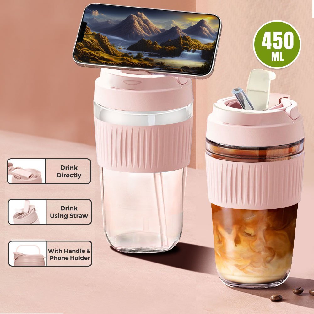 350/450ml Reusable Travel Glass Cup Mug With Lid Straw Handle ...