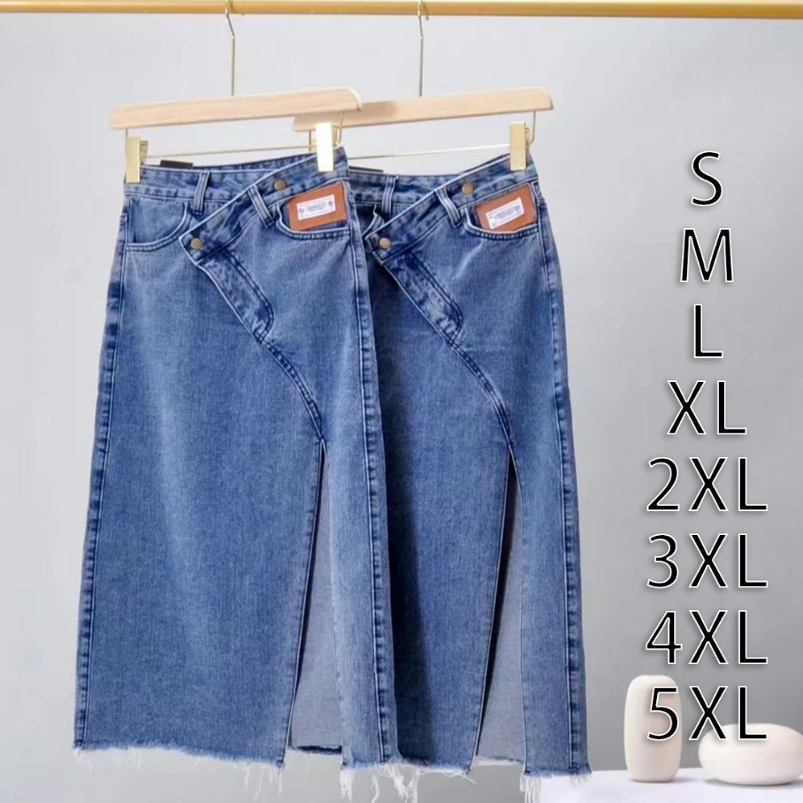 PLUS SIZE Long skirt with slit denim korean highwaist A line skirt jeans black blue bigsize maong Shopee Philippines