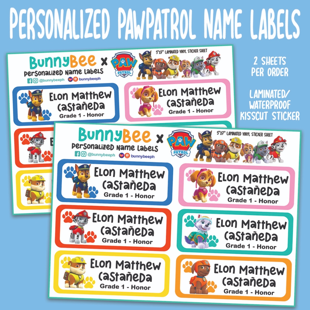 Personalized Paw Patrol Name Label Laminated Waterproof Stickers (Name ...