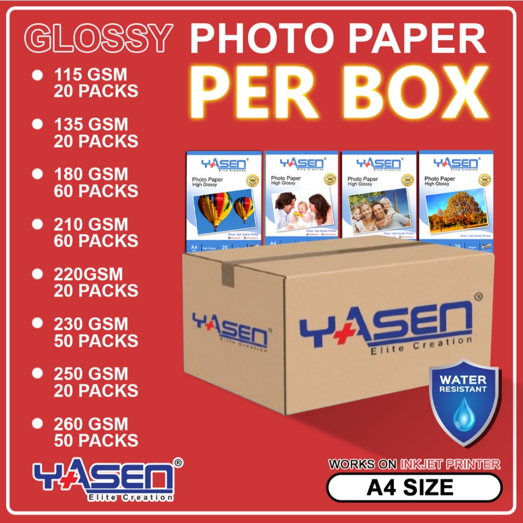 1 Box Yasen Photo Paper Glossy & RC Inkjet Photo Paper A4 (20/50/60