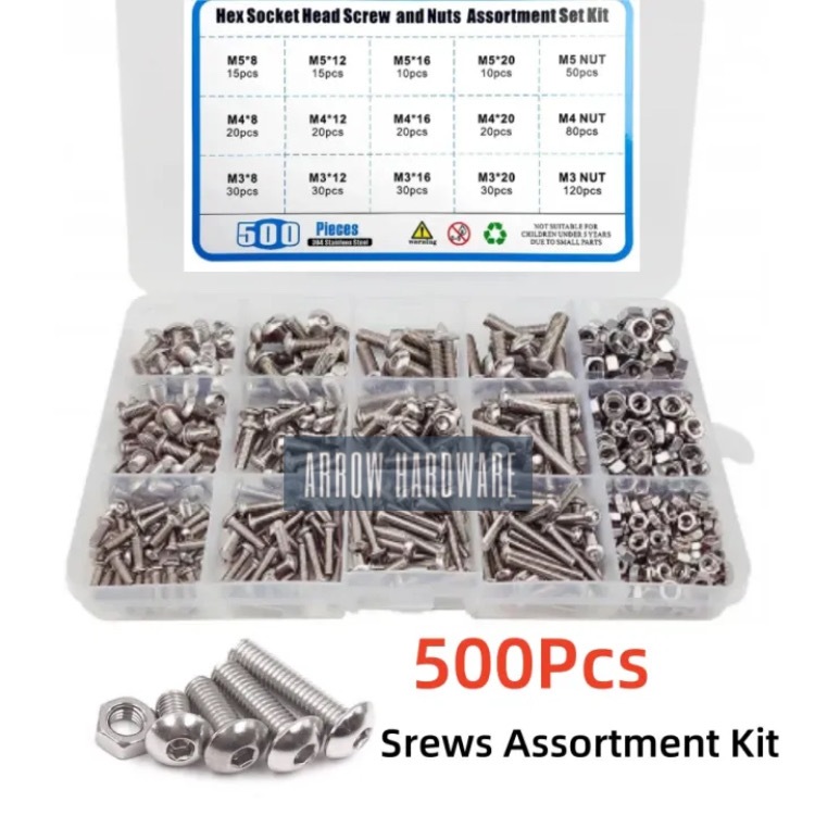 Bolt Assortment Kit 500 Pcs Nuts And Bolts Assorted Set, Black Hex Socket Head Cap Screws Kit M3 M4 M5 Thread Fastener Machine Hex Bolts Assortment With Box Nut And Bolt Assortment