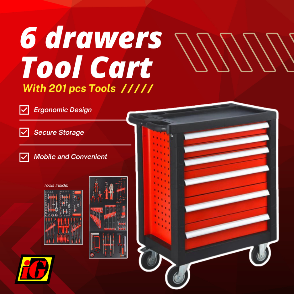 6 Drawer Tool Cabinet Storage Caddy with Wheels and 201 Pieces Tools ...
