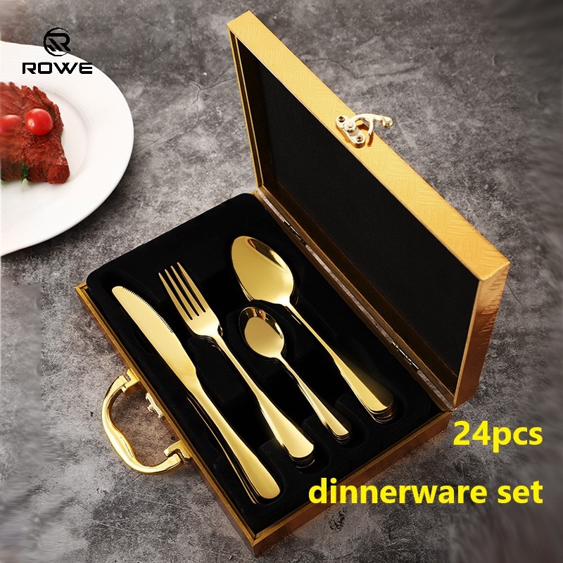 ROWE Gold 24pc Cutlery Set with Box Wooded Gold Box Dinnerware Set Gift ...