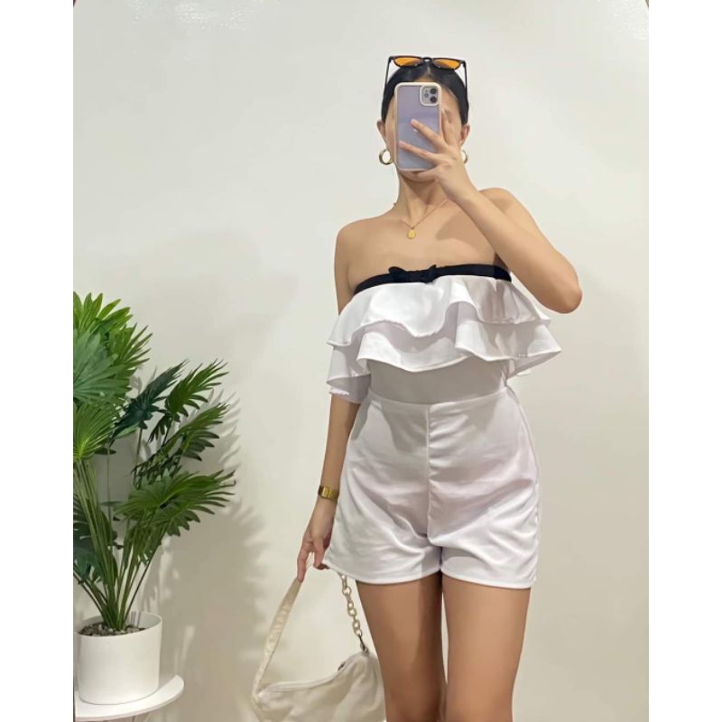 ROMPER RUFFLED GARTERIZED UPPER PART WITH RIBBON DDESIGN FITS SMALL TO ...