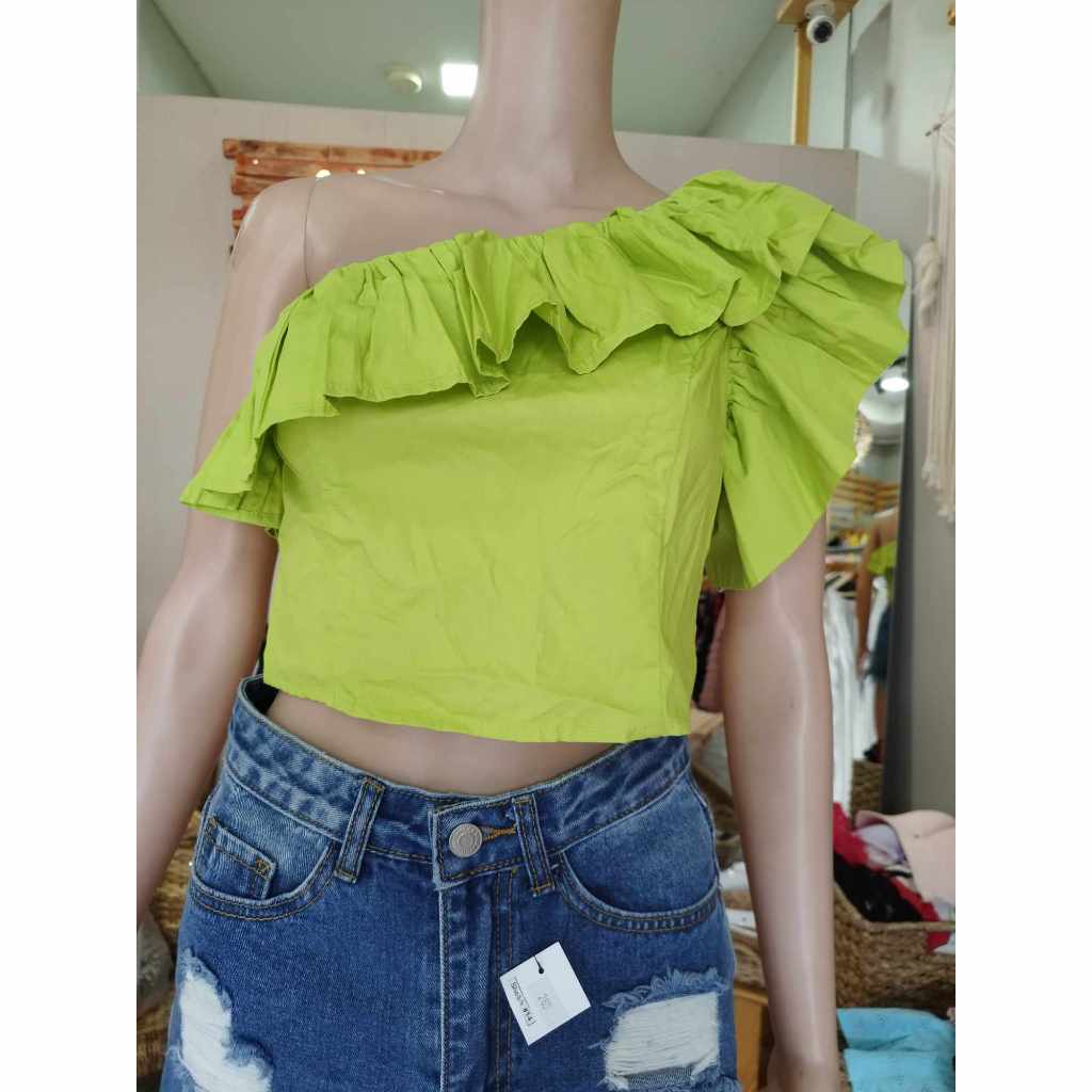 Neon green ruffle top deals