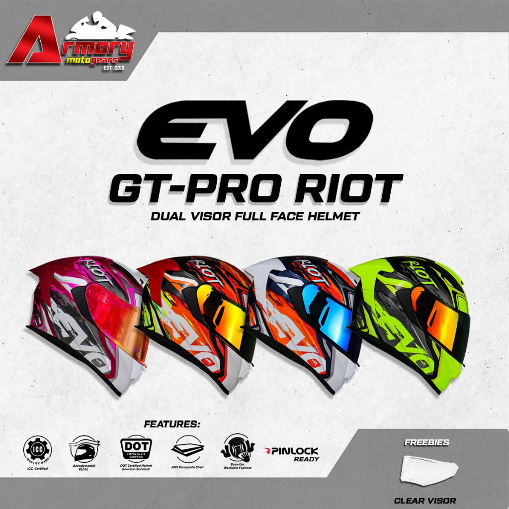 EVO GT-PRO RIOT Full Face Dual Visor With Free Clear Lens | Shopee ...