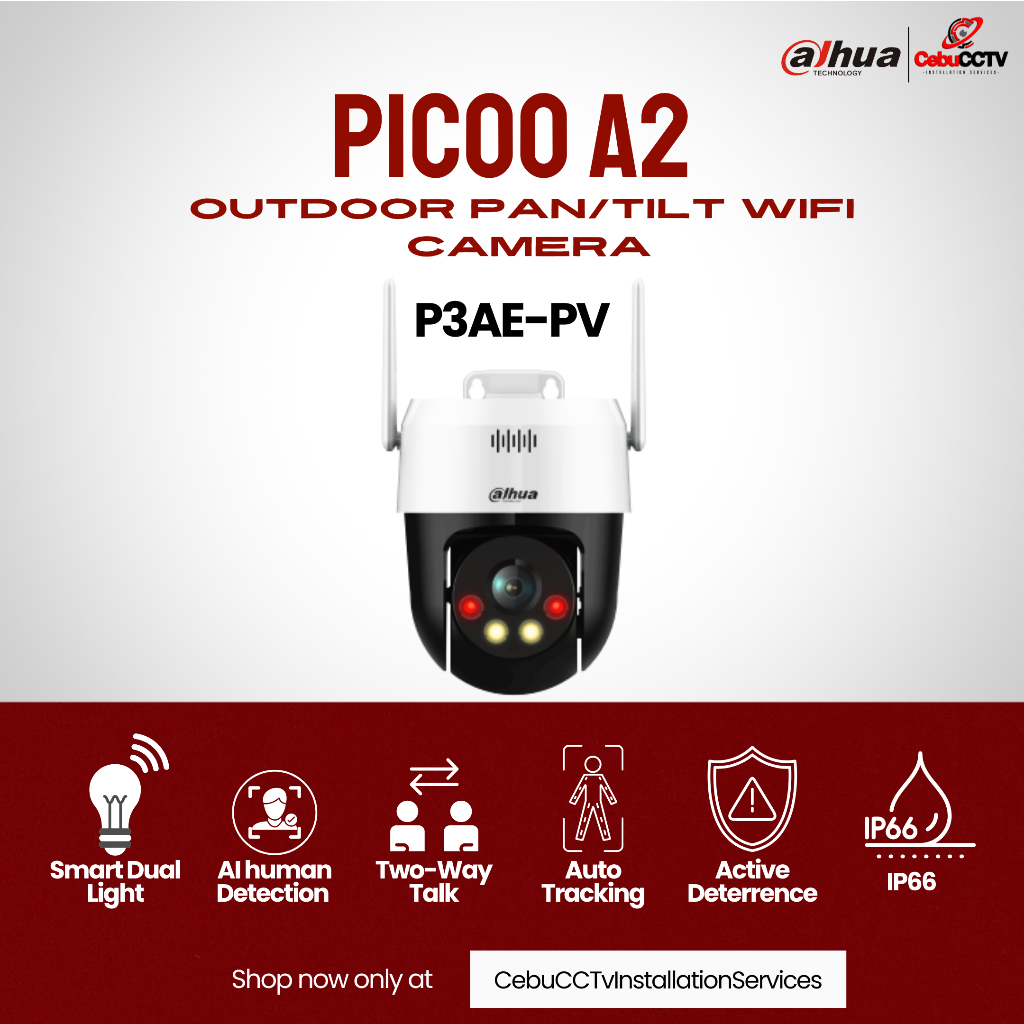 Dahua Picoo A2 W/32 GB SD Card 3MP Outdoor Pan/Tilt Wi-Fi Camera, Smart ...