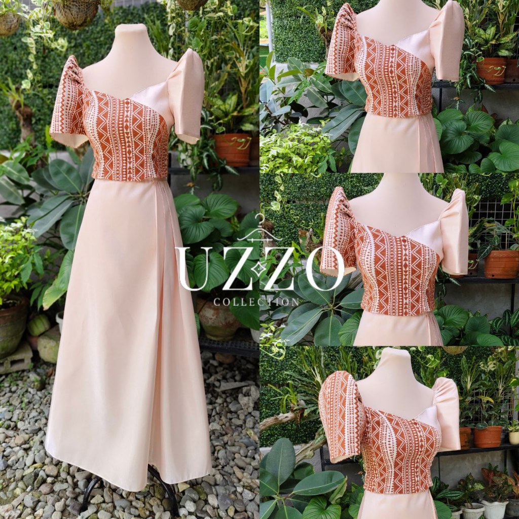 UZZO Modern Filipiniana Crop Top Ethnic Batik Blouse Maxi Skirt Gazar ...