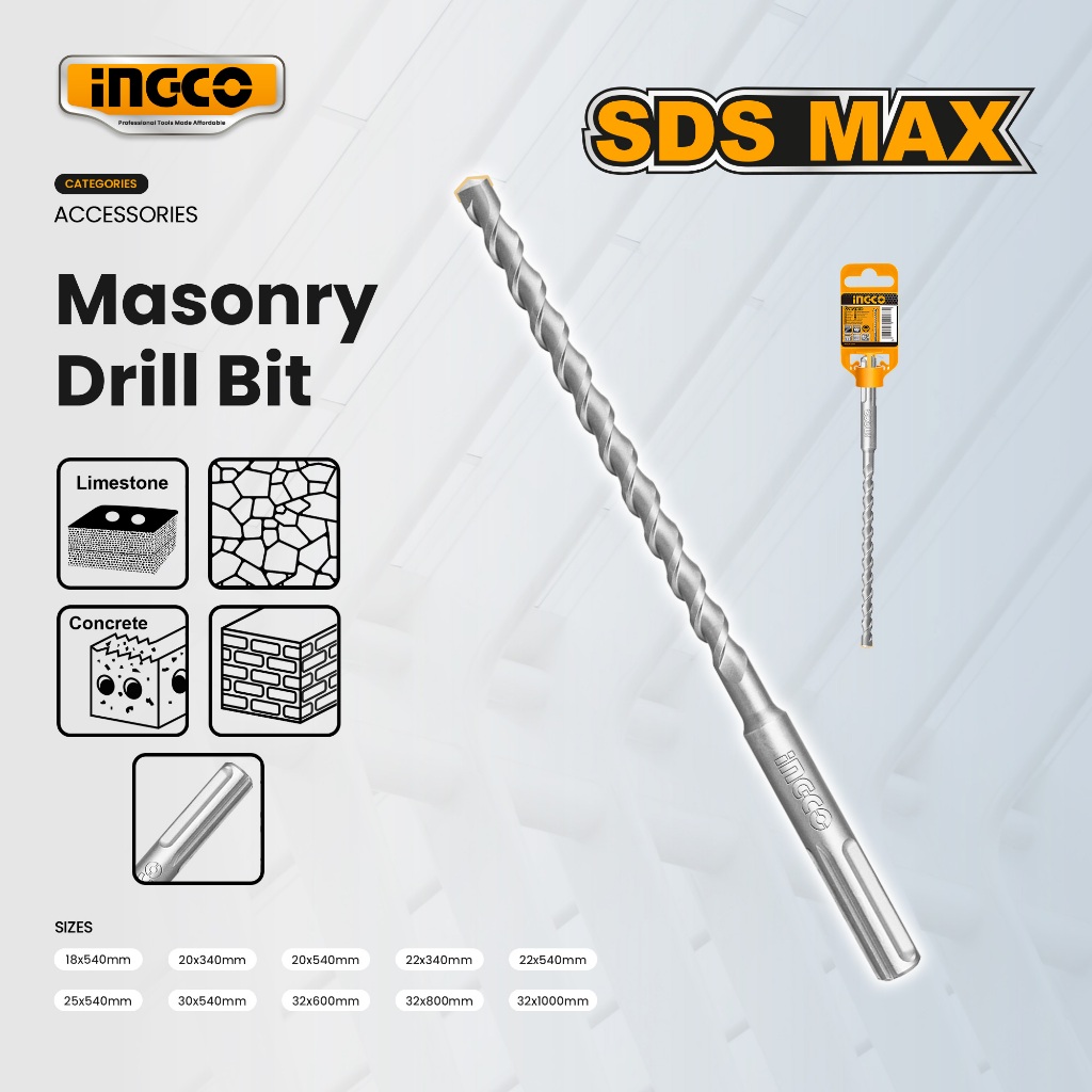 INGCO SDS MAX Masonry Hammer Drill Bit 540MM-1000MM Single Flute ...