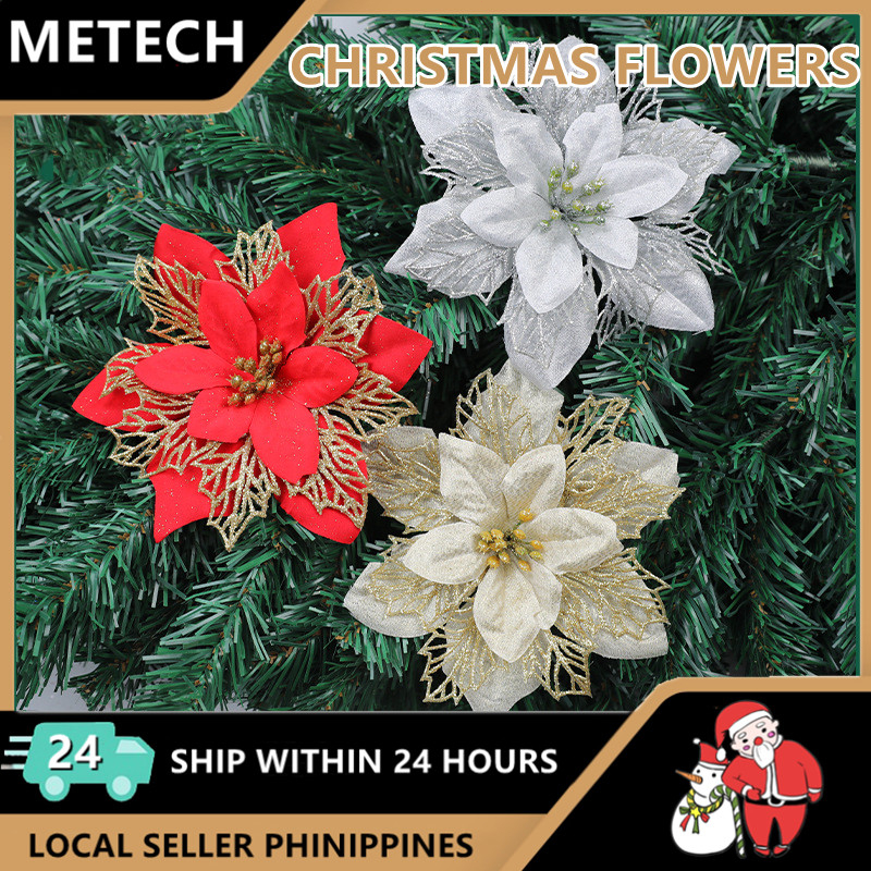METECH 24PCS Christmas Flowers Xmas Tree Red Flowers Poinsettia ...