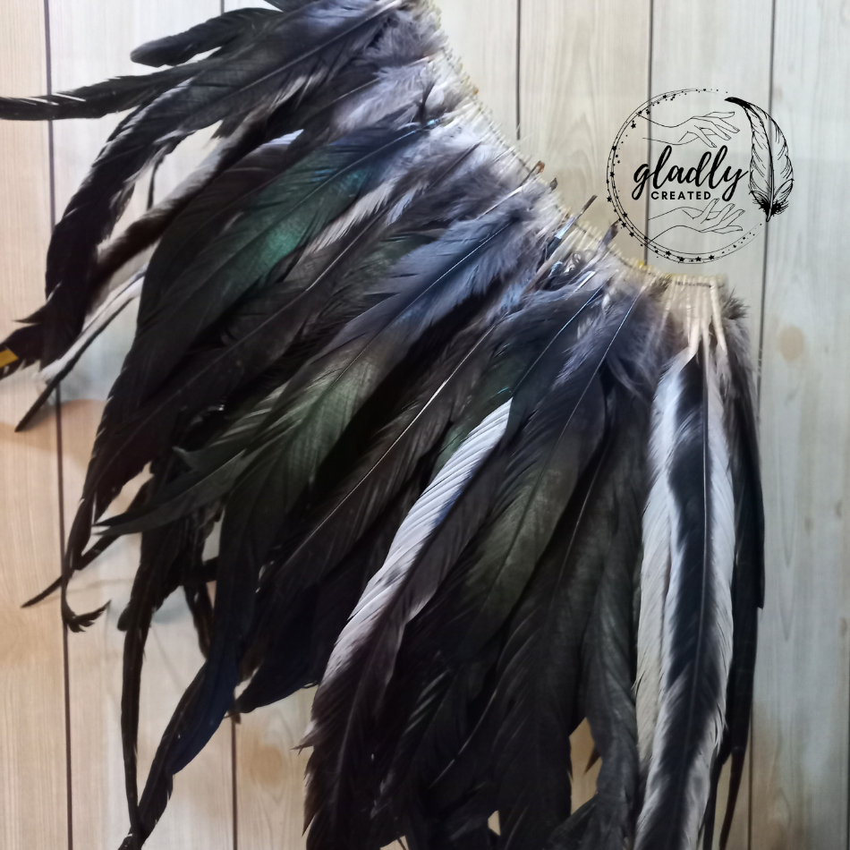 Black rooster coque tail feathers, strung, per yard / Wholesale bulk  feathers 5 -7 long price per yard