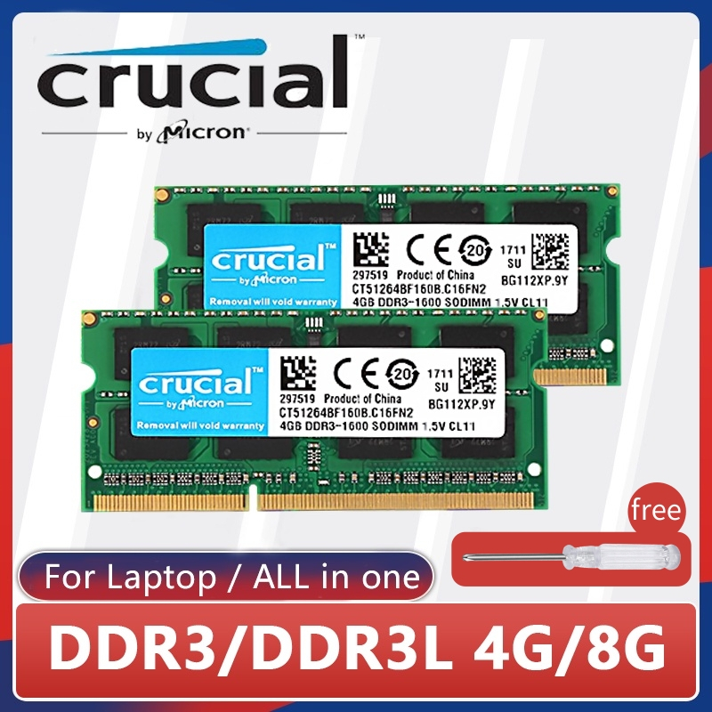 thumbnail interactive-video image 1 of Crucial DDR3 / DDR3L SO-DIMM Laptop RAM - 4GB Or 8GB - 1333MHz 1600MHz 1866MHz 1 of 5