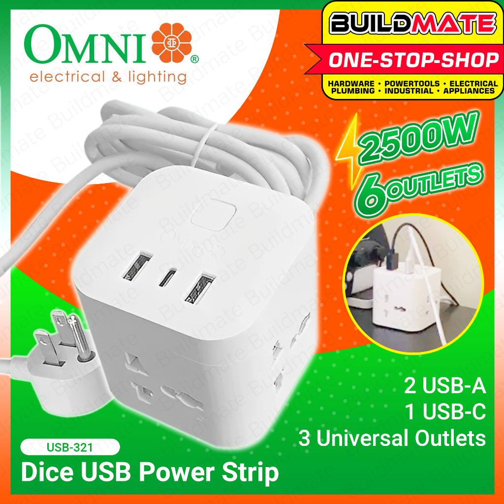 BUILDMATE [3+3 Gang] Omni CUBE w Switch Extension Cord Dice USB Power