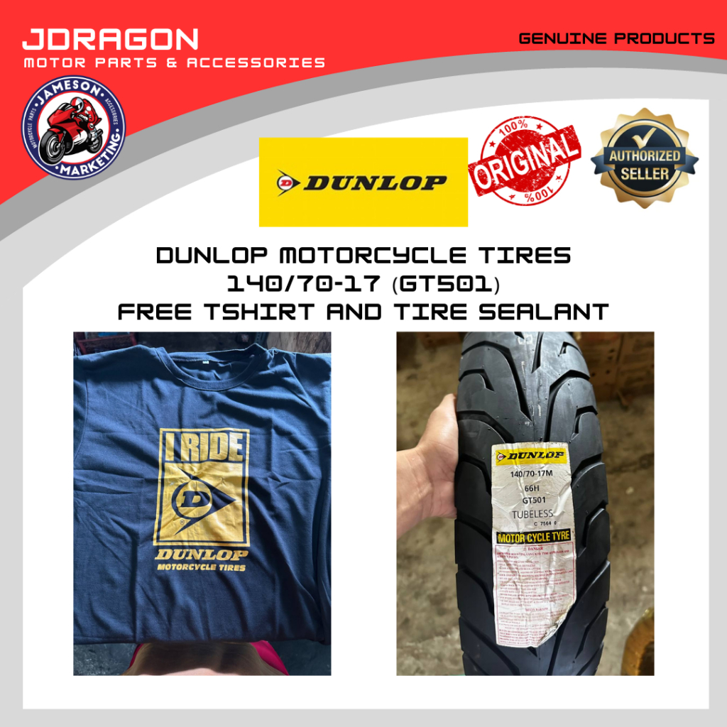 DUNLOP MOTORCYCLE TIRE 140/7017 (GT501) WITH FREE DUNLOP SHIRT AND