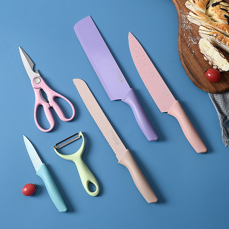 Knife Set 6 PCS Pastel Colors Stainless Steel Chef Knife Bread Knife ...
