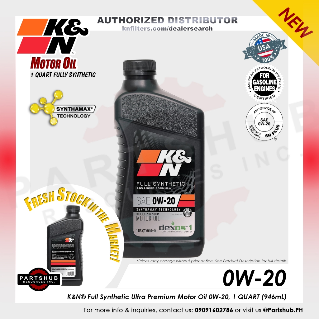 K&N 0W20 Quart Full Synthetic Ultra Premium Motor Gasoline Oil 104105