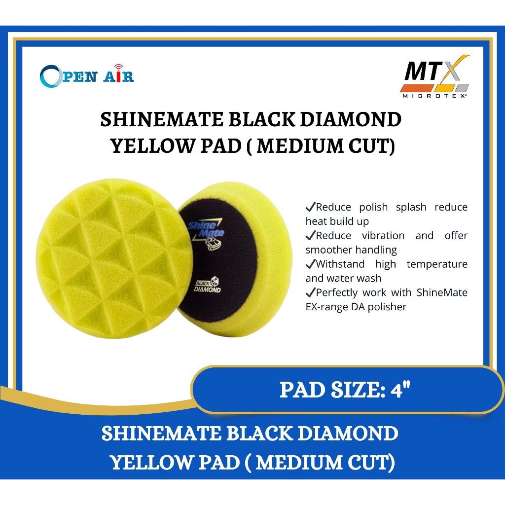 Shine Mate Diamond Foam Pad 3411410 Yellow 4" (Meduim Cutting Pad