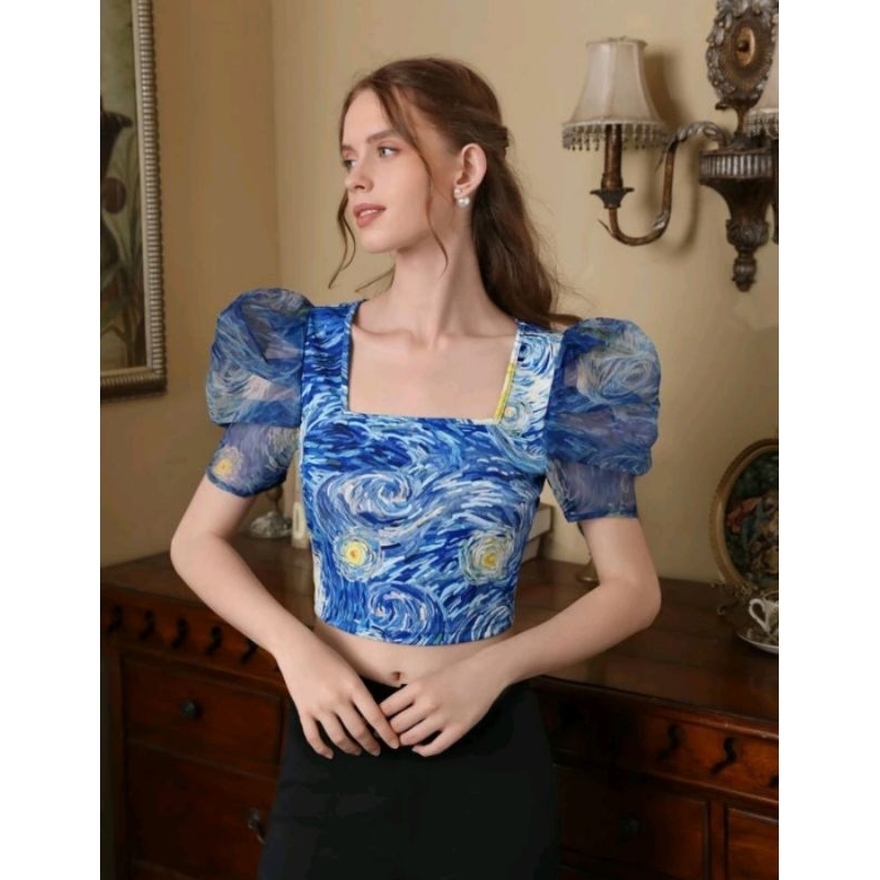 Puff Sleeve Crop Top Blouse Blue Elegant Short Sleeve Party Event Crop