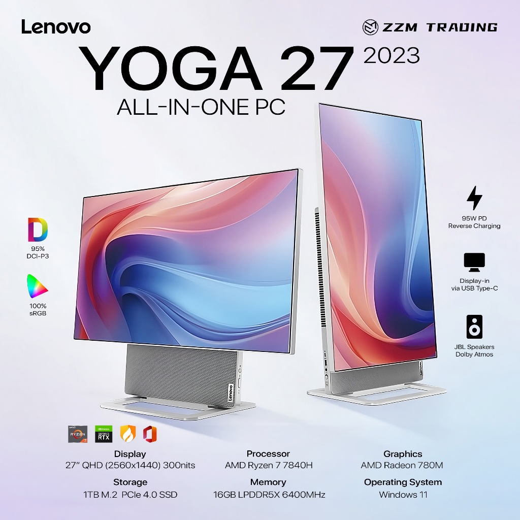 Lenovo Yoga 27 All-in-One PC 2023/2024 AMD R7 Radeon 27" QHD 2.5K 60Hz ...