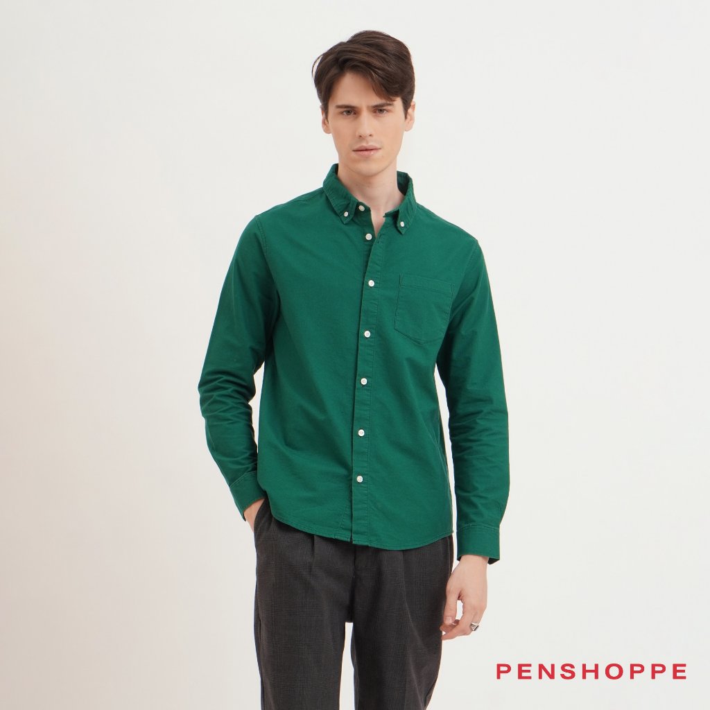 Penshoppe Dress Code Oxford Long Sleeves Shirt For Men (Dark Green ...