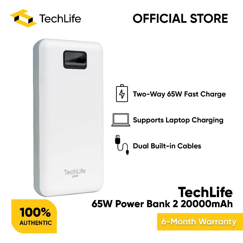 TechLife 65W Power Bank 20,000mAh Fast Charge Built in Type C