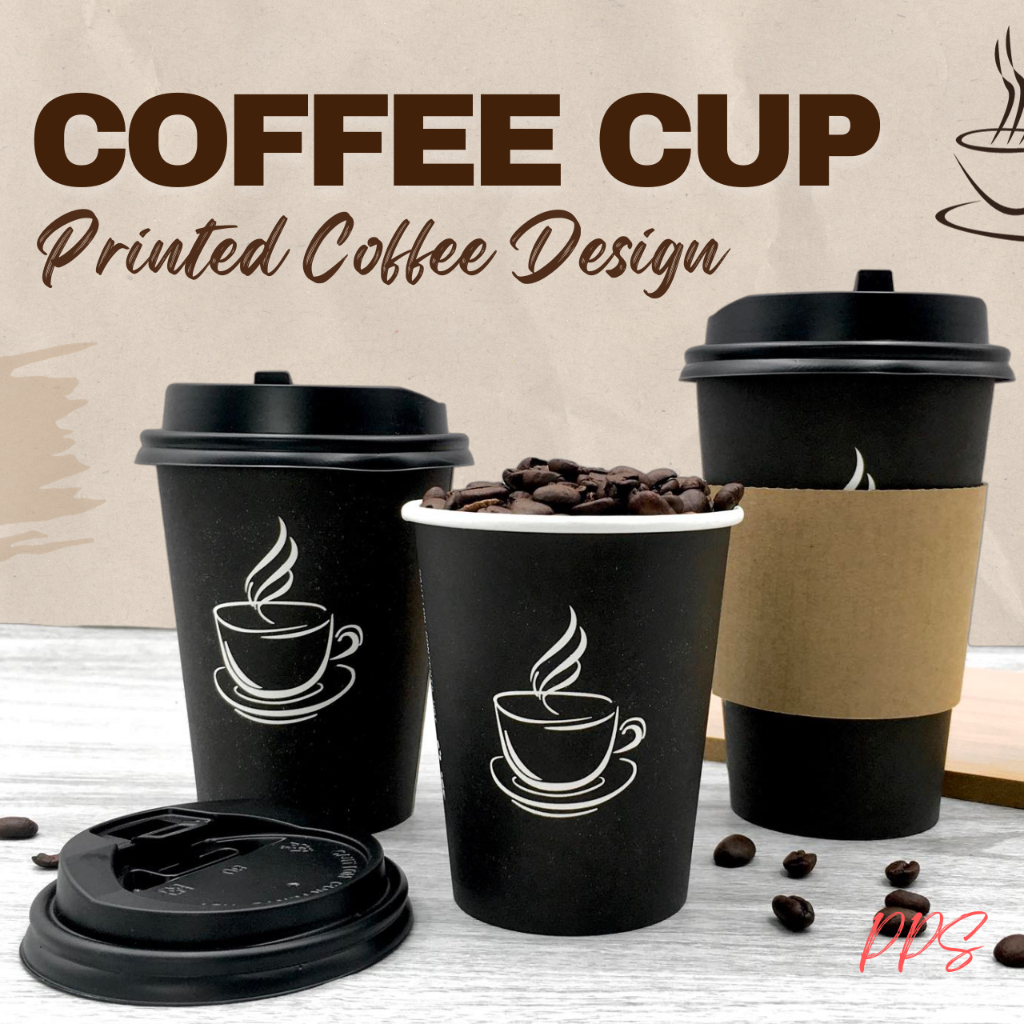 50pcs Black Paper Cup - Printed Coffee Logo With Black Flip Lid ...