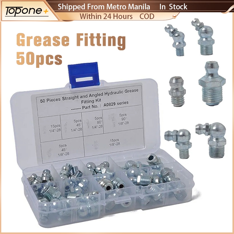 TEHAUX 50pc Grease Fitting Kit - Straight & Angled Zerk Nipples With Storage Case