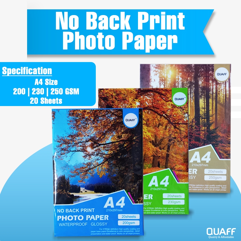 QUAFF No Back Print Photo Paper A4 Size (20 sheets / pack) Shopee