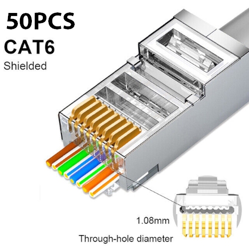 50pcs CAT6 Shielded RJ45 Modular Ethernet Plug Connectors 8P8C End Pass ...