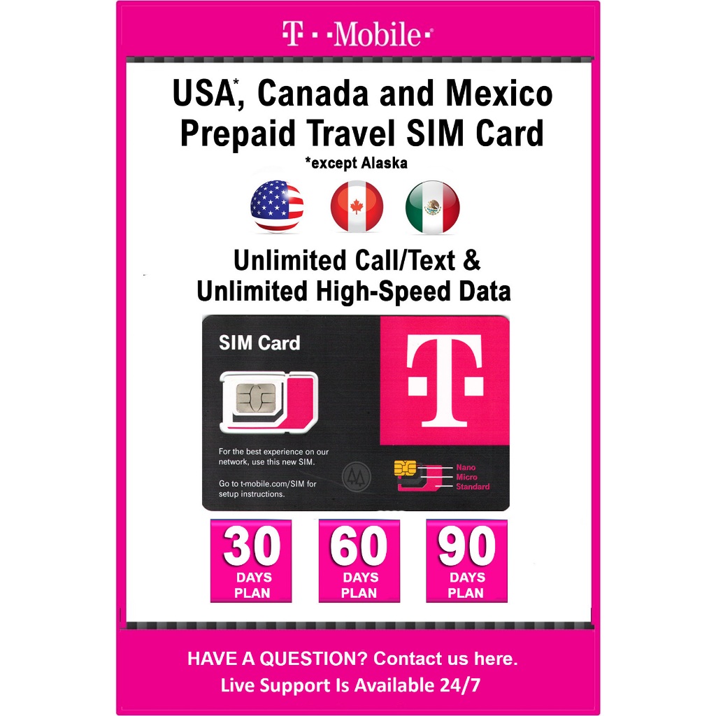 TMobile USA, Canada, Mexico Prepaid Travel Data SIM Card Unlimited