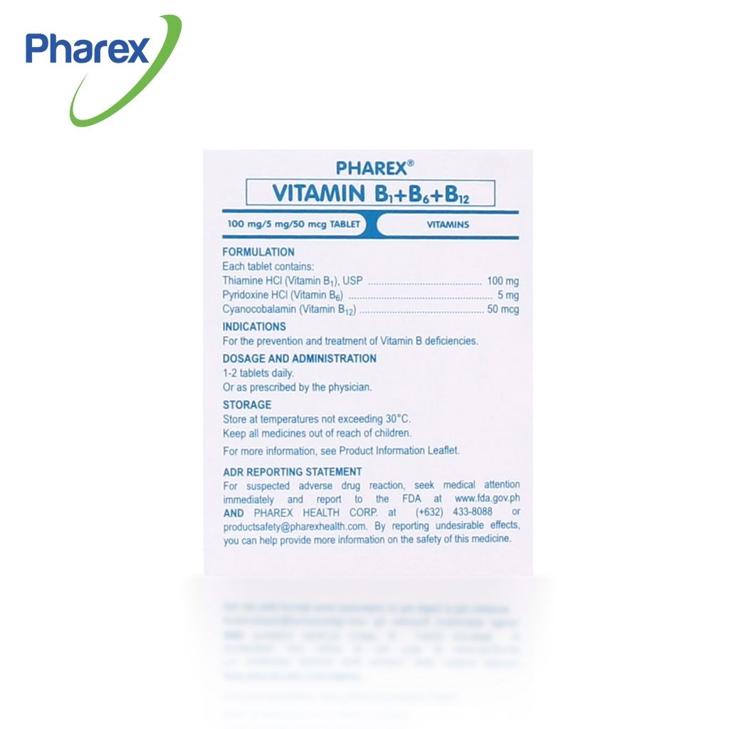 Pharex B Complex B1 B6 B12 Vitamins For Adult 100mg 5mg 50mcg 100 Tablets Nerve Health