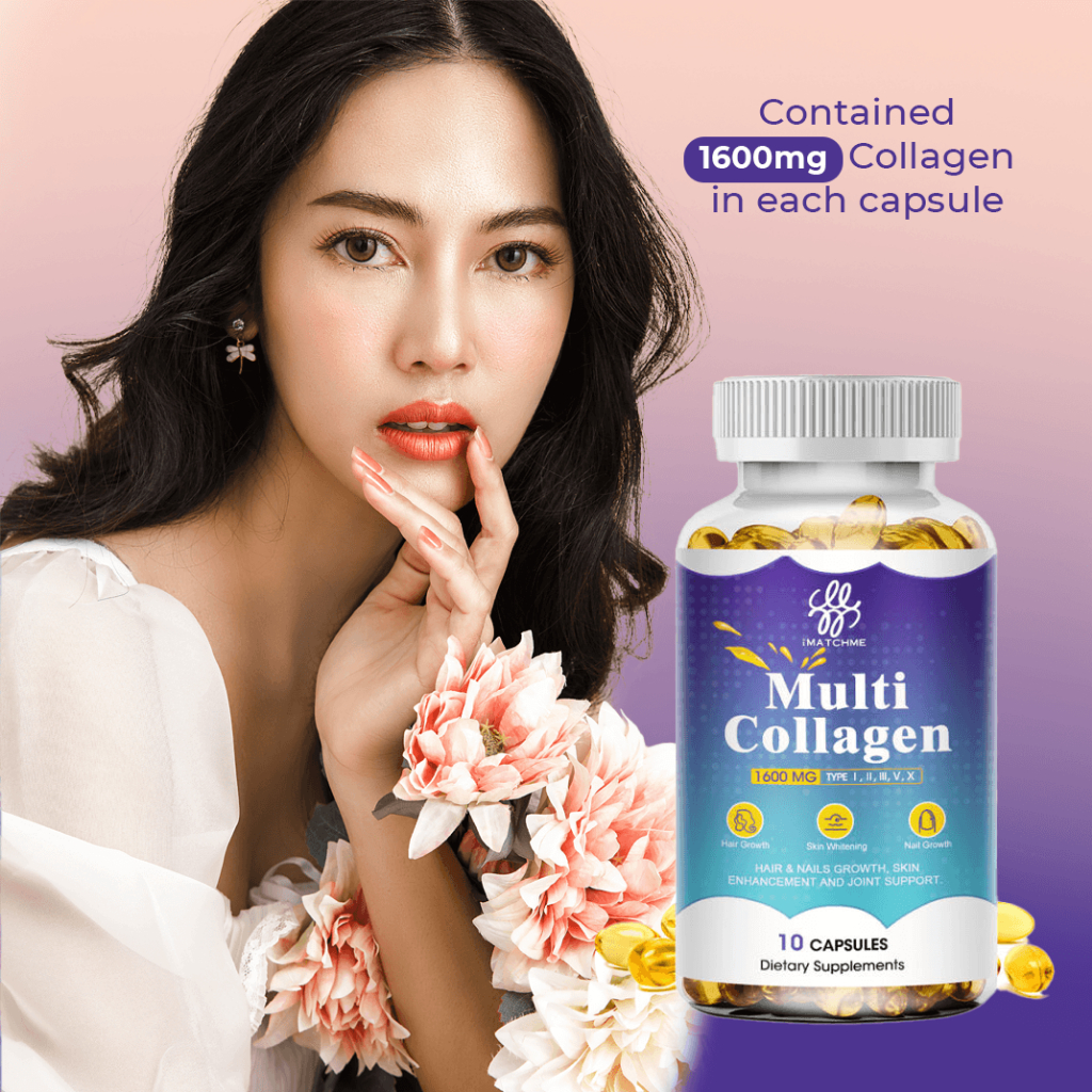 iMATCHME Multi Collagen capsules 1600mg types I, II, III improve dull ...