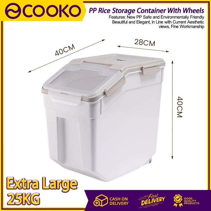 Large Flour Storage Container Bin 25kg with Wheels and Seal Locking with Measuring Cup and Scoop