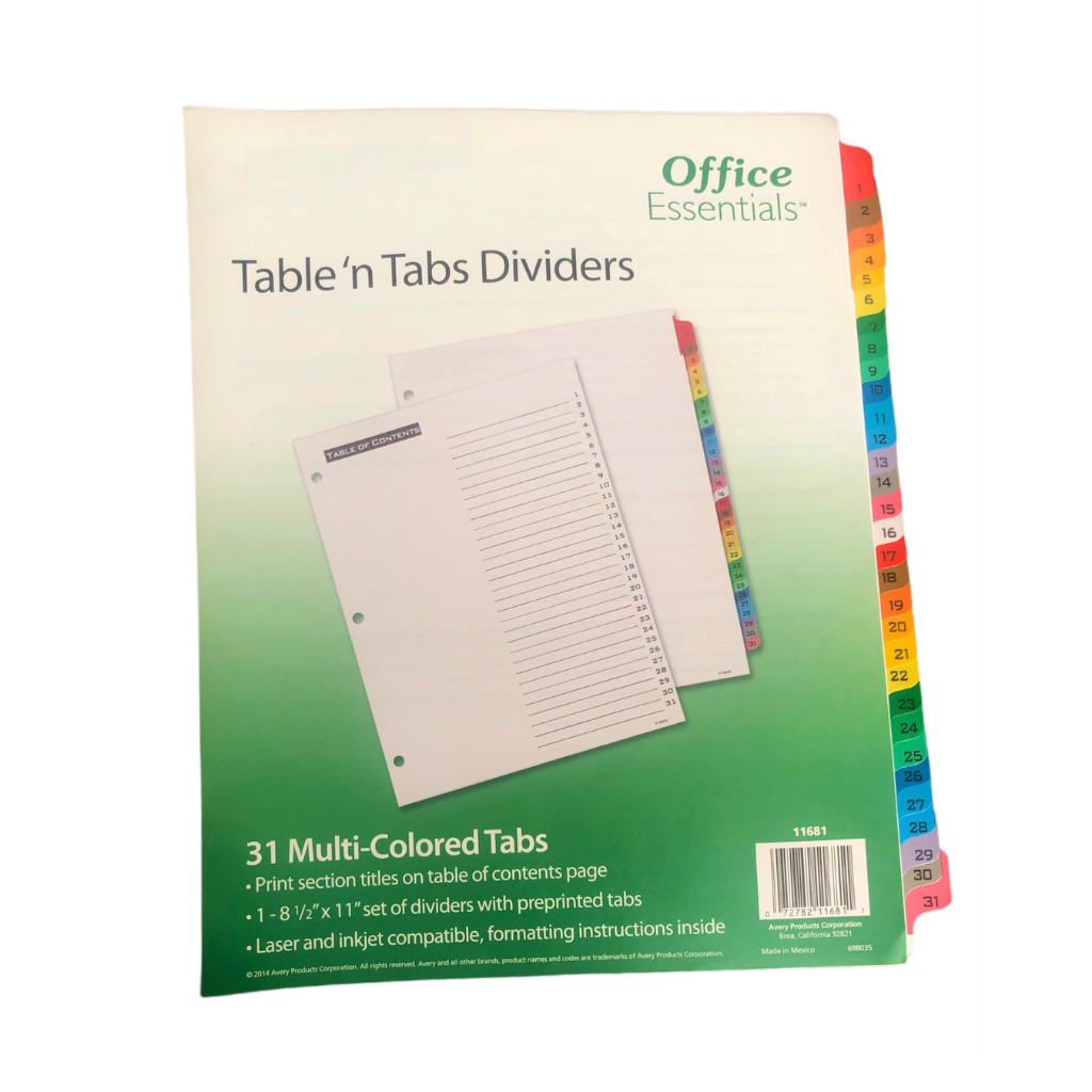 3 hole Binder Insertable Table and Tab dividers 31 multicolored tabs