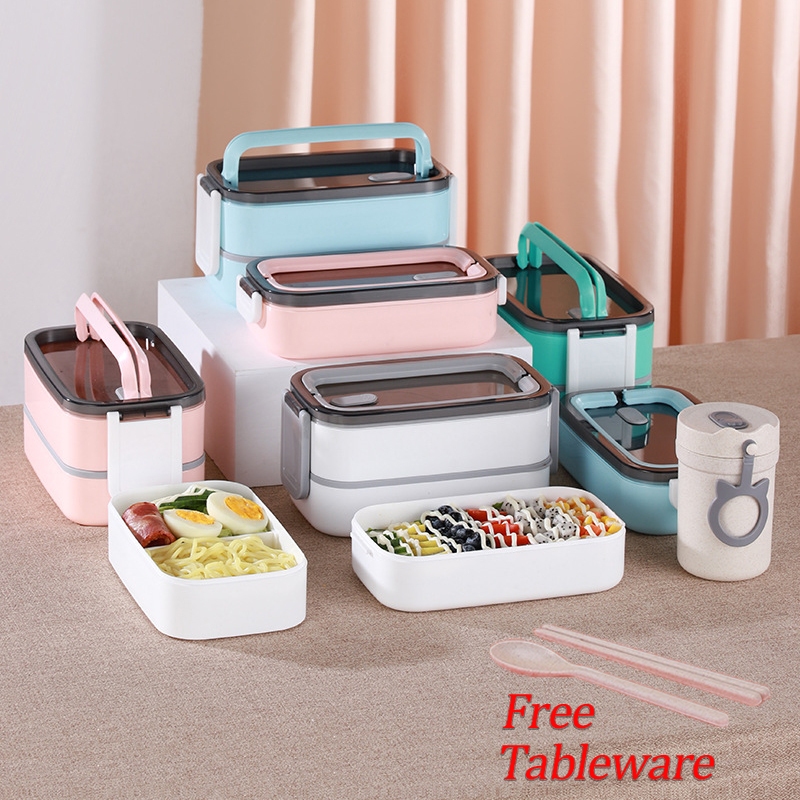 Portable Double Layered Lunch Box With Cutlery (3 Grid) /Can Be ...