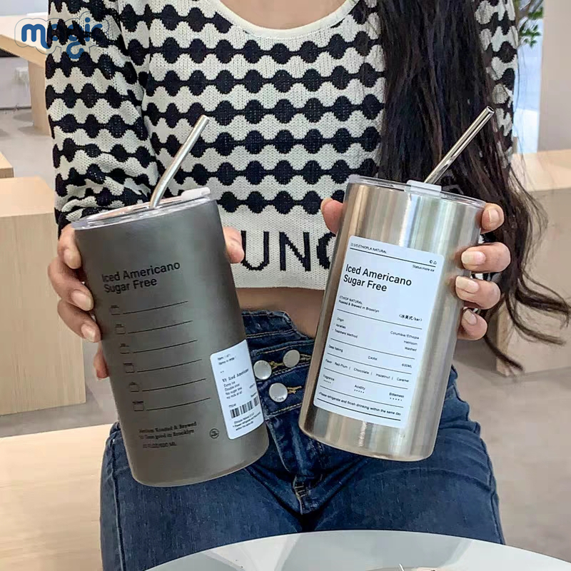 600ml Iced Coffee Cup With Straw Insulated Cup Stainless Thermos Bottle