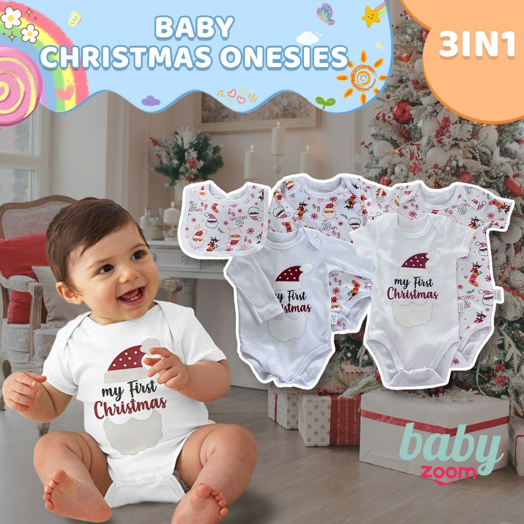 BabyZoom Baby Christmas Clothes 3pcs Set Baby Onesies Bib Christmas Romper Santa Baby onesie 0 12m