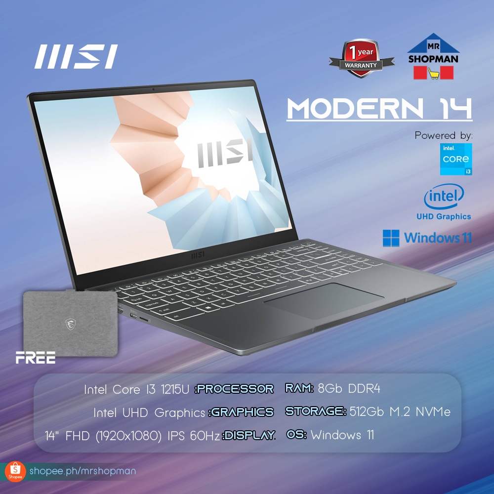 MSI Modern 14 C12MO-893PH Intel Core I3 1215U | 14" FHD | 8GB RAM ...