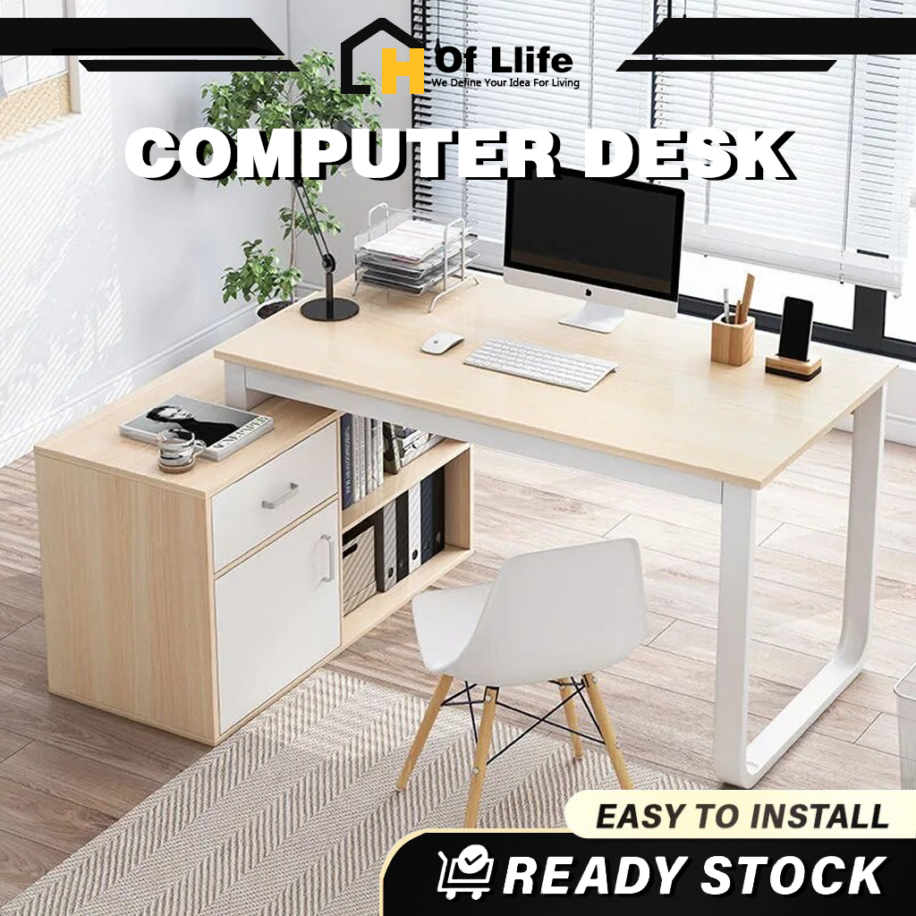 Study Desk Corner Bookcase Home Office Table With Small Cabinet (L120 x