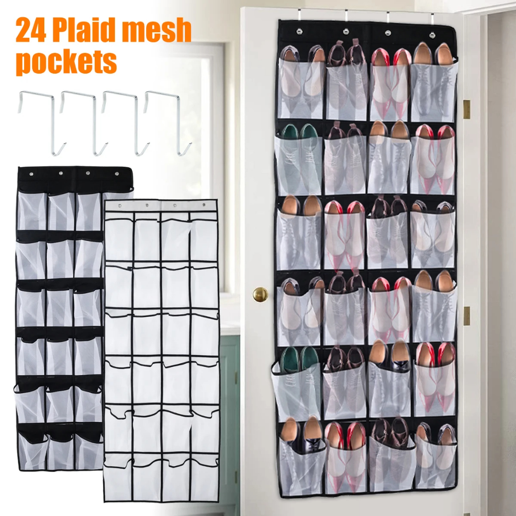 Wall Mounted Large Over 24 Pocket Hanging Shoe Rack Organizer Mesh Shoe