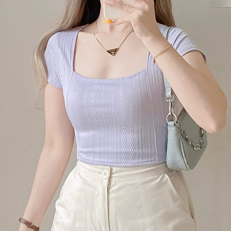 Melody Textured Knit Square Neck Crop Top 11407# | Shopee Philippines