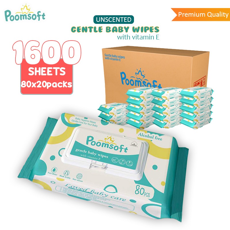 Poomsoft 20 Packs x 80 Sheet Unscented Alcohol-Free No-Alcohol Gentle ...