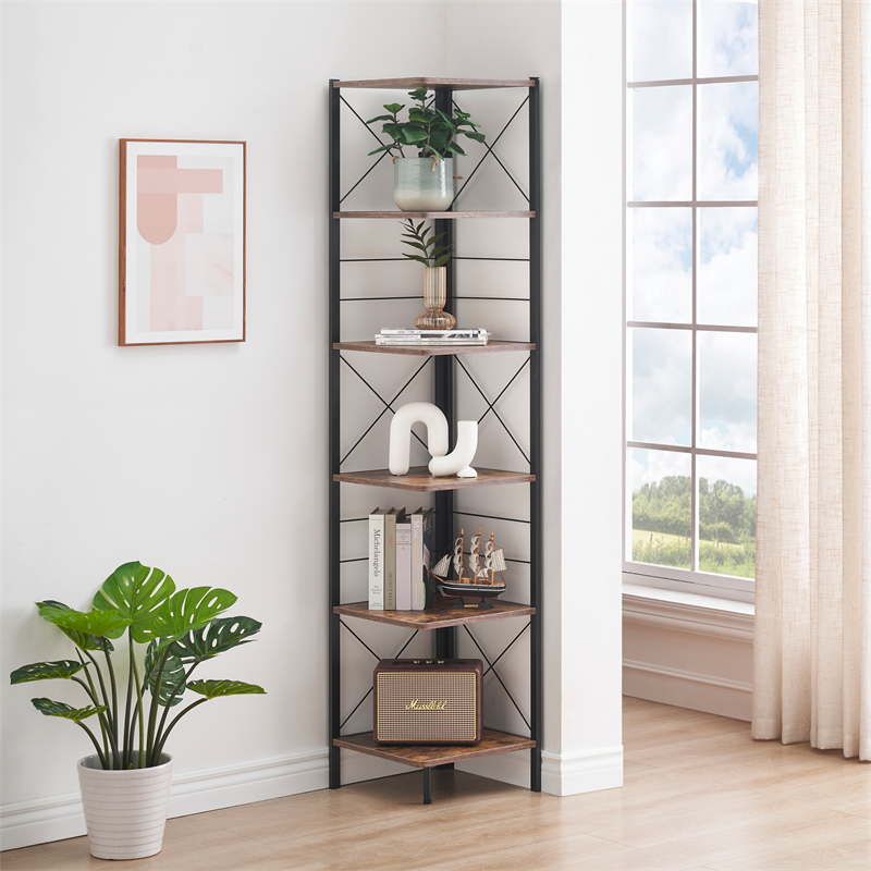 6 Tier Corner Shelf, 71 Inch High Corner Bookshelf with Metal Frame