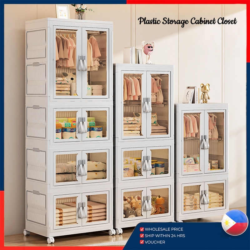 Mobile Plastic Storage Cabinet Organizer With Wheels Foldable Portable Baby  Clothes Wardrobe Bedroom