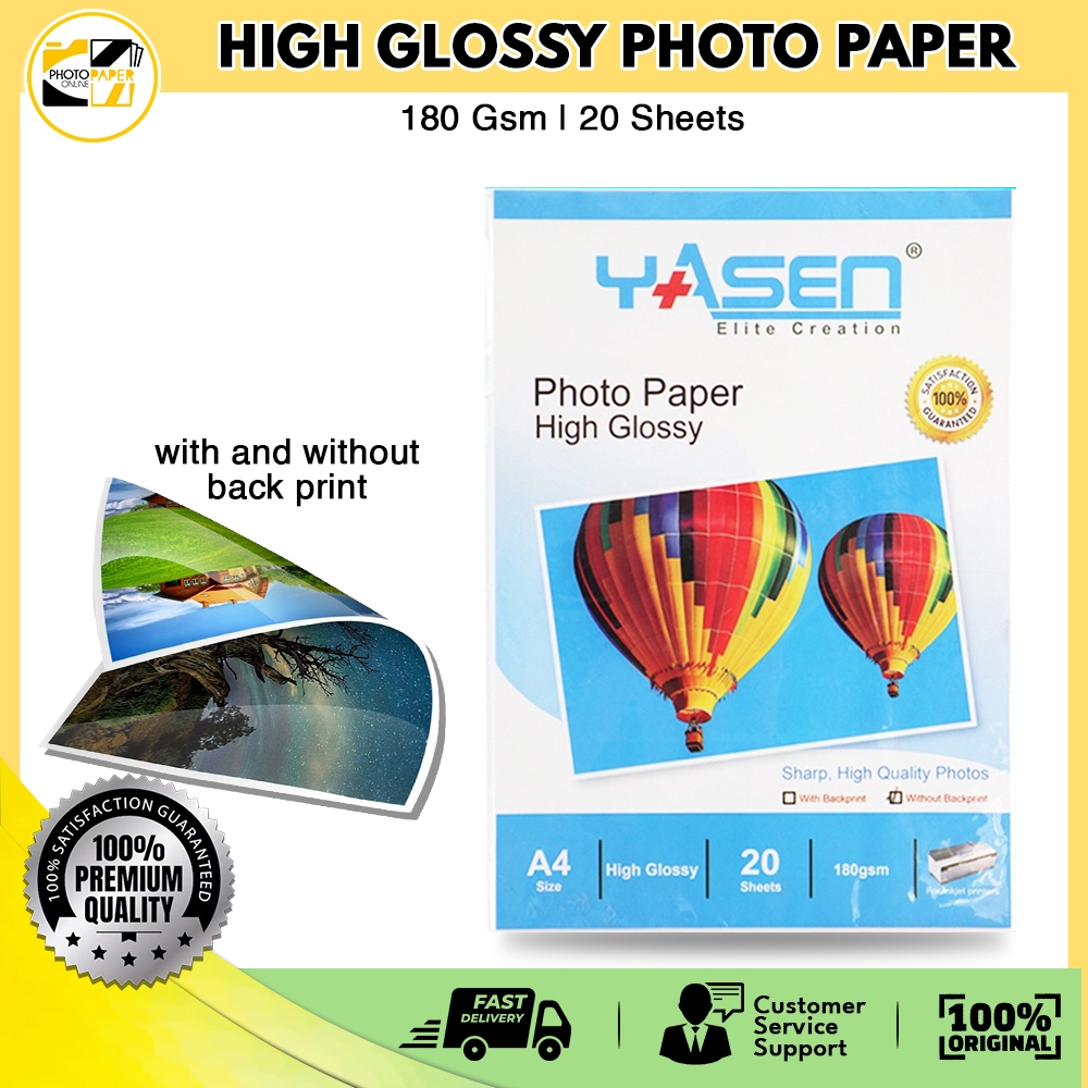 Yasen No Back Print Glossy Inkjet Photo Paper A4 180gsm (20 Sheets